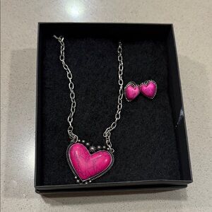 Heart Pendant Necklace and Earring Set in Pink